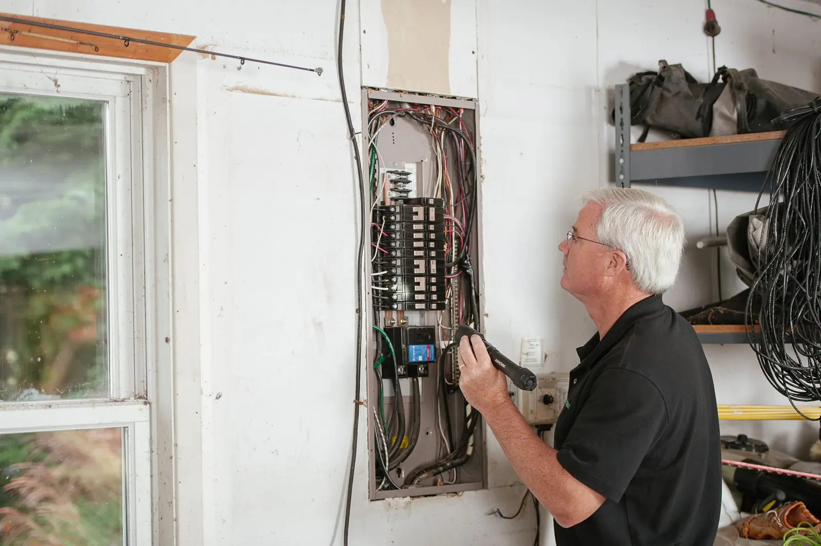 Electrician inspecting a residential electrical panel before an upgrade