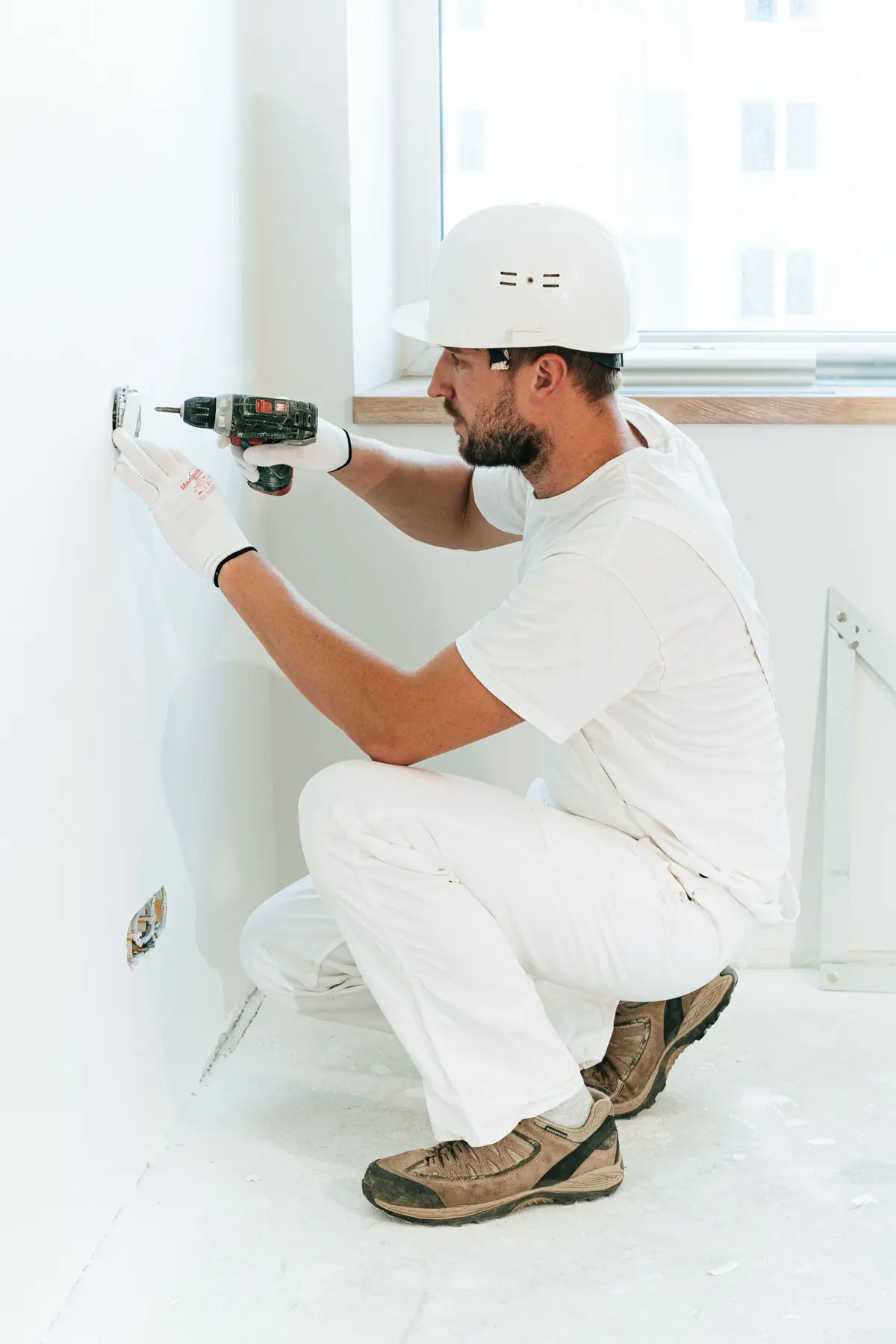 Licensed electrician installing an outlet with a drill